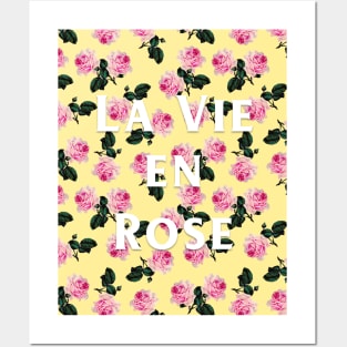 La Vie En Rose - pink scattered vintage roses on yellow Posters and Art